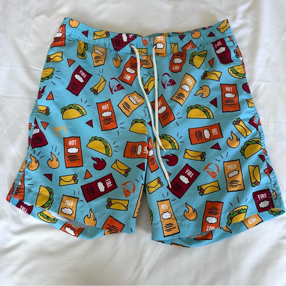 Taco Bell Sauce Packet Swim Trunks Hot Sauce Collection Board Short Men's Small
